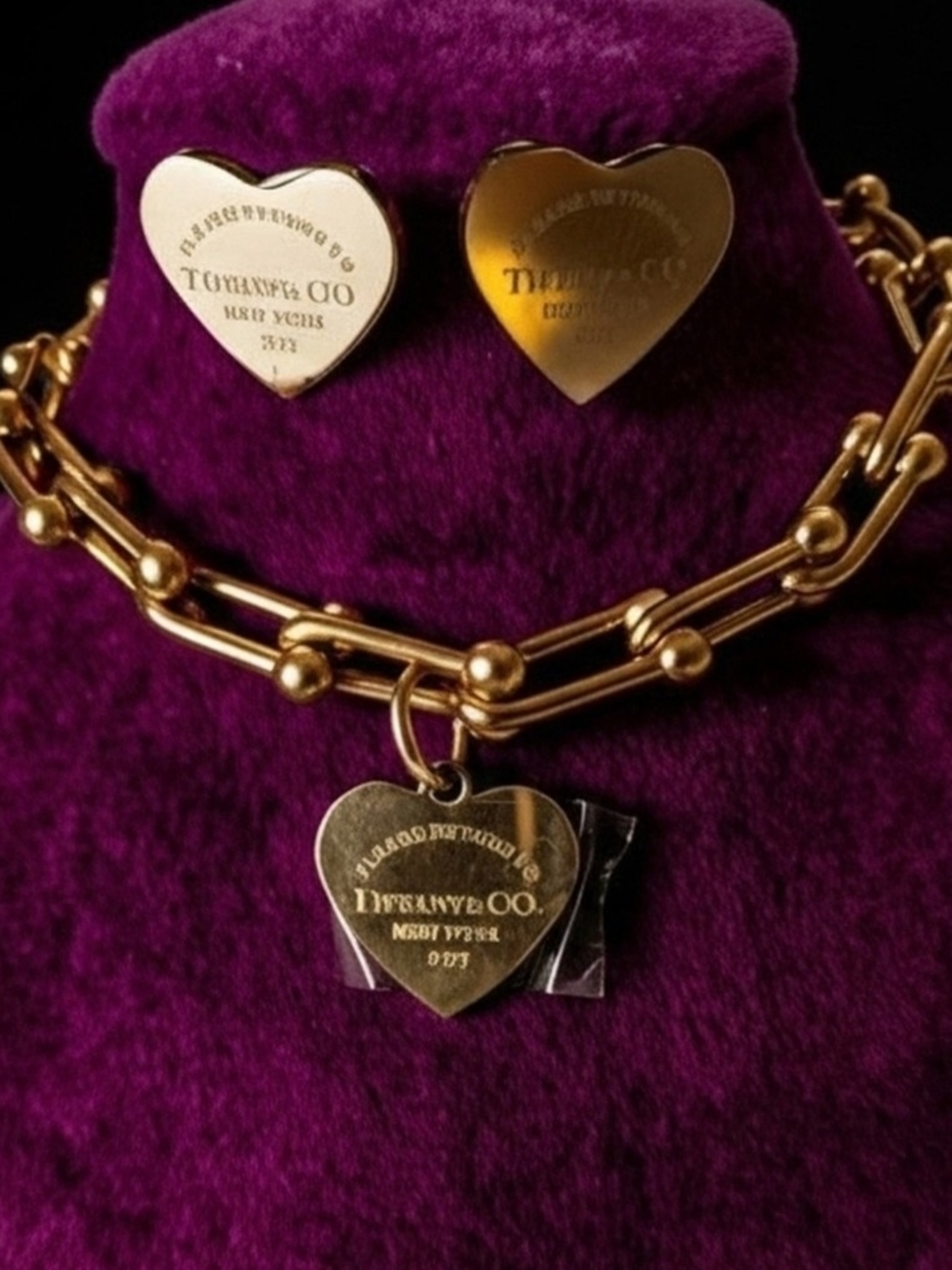 Tiffany & Co. Gold Heart U-link Adjustable Bracelet with Matching Studs Earrings